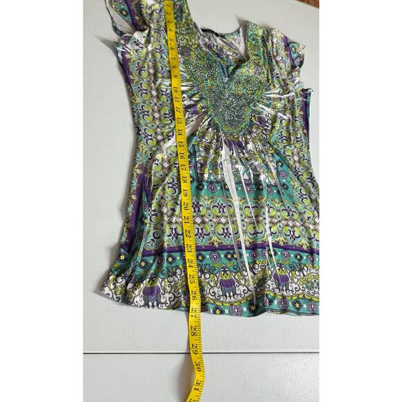 APT. 9 Boho Paisley Print Short Sleeve Tunic Top Green Blue Size Small - Picture 5 of 10